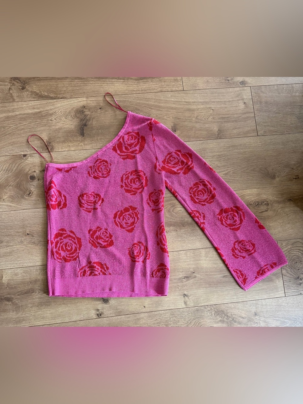INC International Concepts Pink Sweater with Red Rose Print